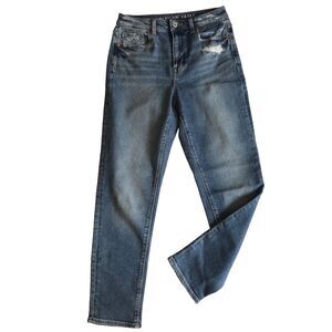 American Eagle Mom Jeans Straight Womens Sz 2 Destroyed Stretch Denim Distressed